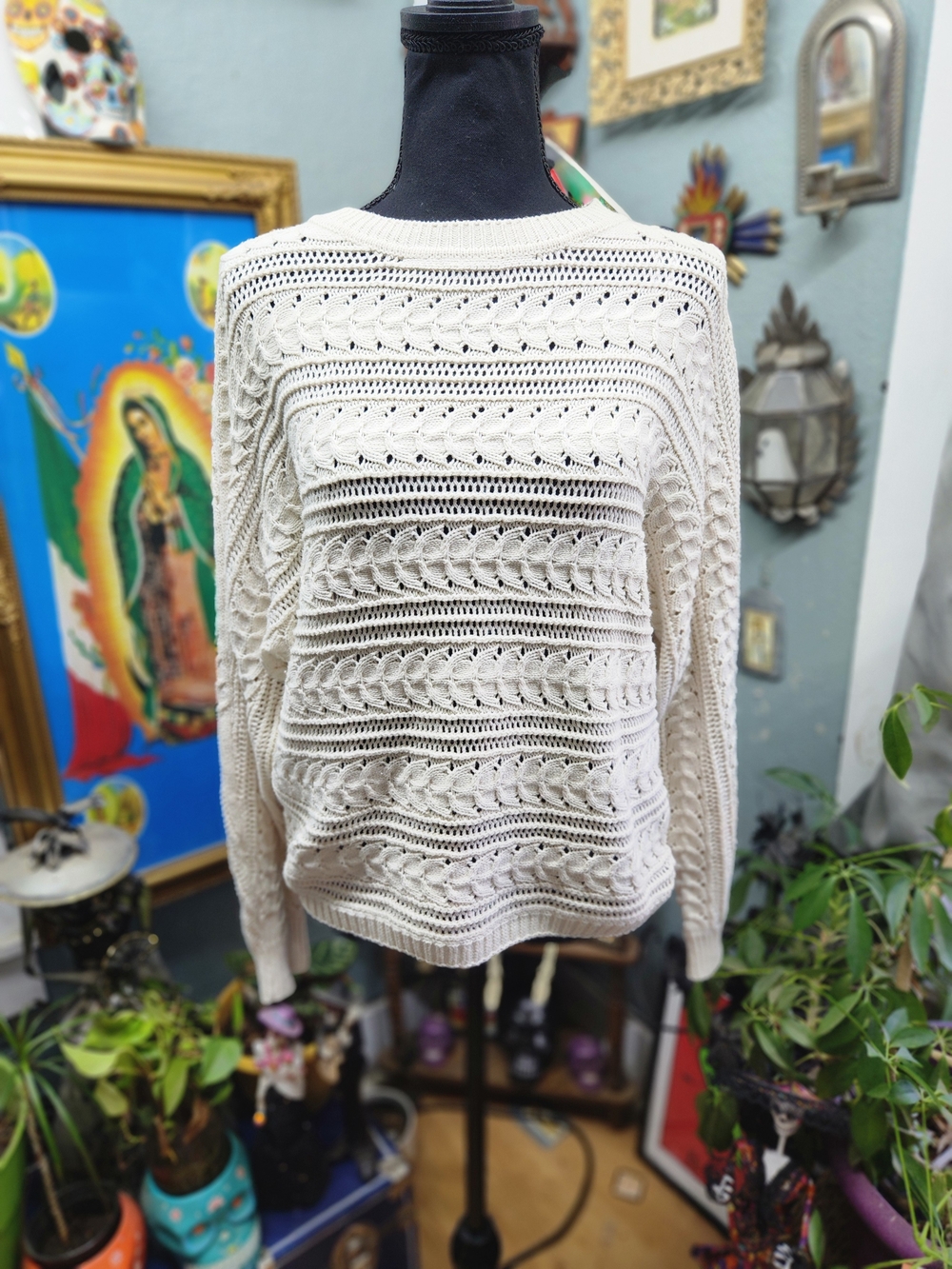 Cyrus Cream Openwork Scoop-Neck Sweater